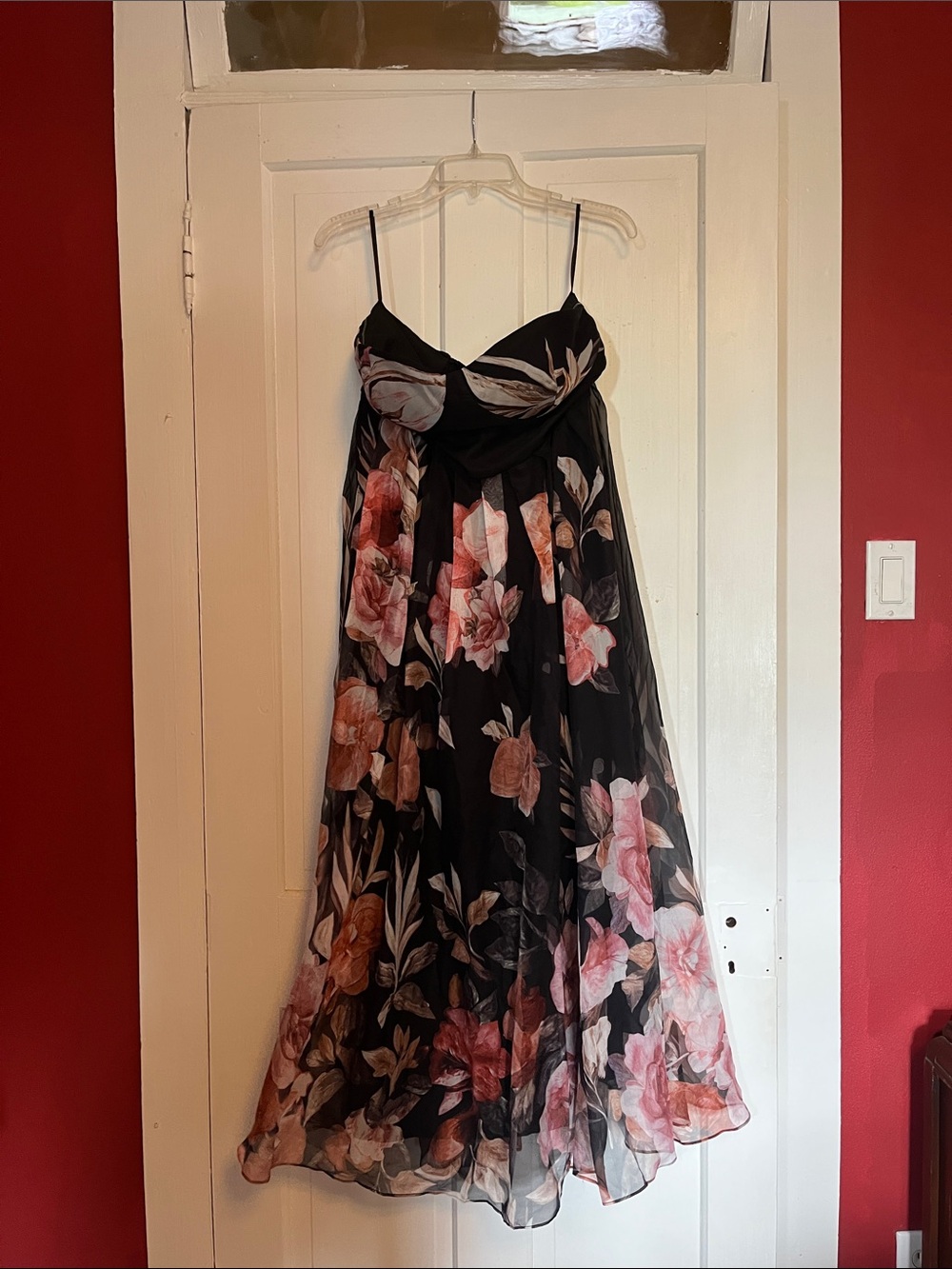 Black Floral Midi Dress with Pink Blossom Print. Strapless. NWT.